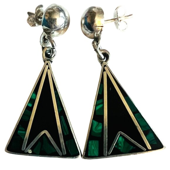 Vtg 925 Silver Crushed Malachite Onyx Inlay Triangle Drop Dangle Earrings Mexico - Picture 5 of 9
